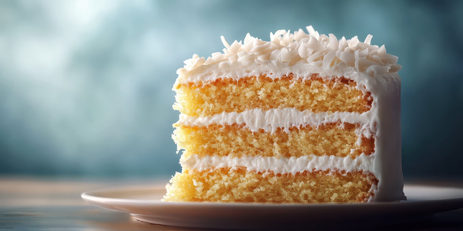 Delicious coconut cake slice on a plate with a soft focus background in a kitchen setting